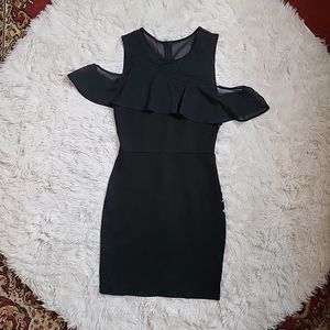 French Connection Chic Black Mesh Ruffle Shoulder Top Detail Bodycon Dress US 4